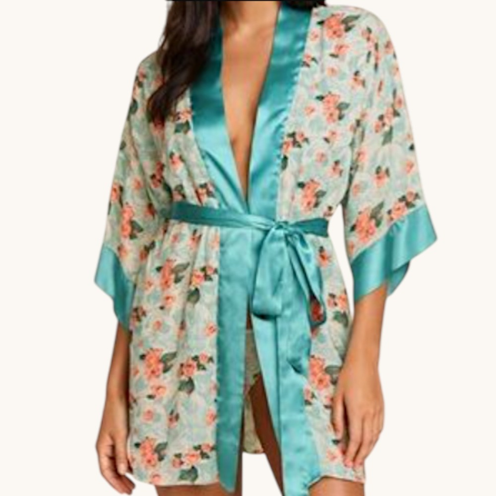 Vtg Gold Label Victoria's Secret 90s floral satin silky Kimono Semi Sheer Robe